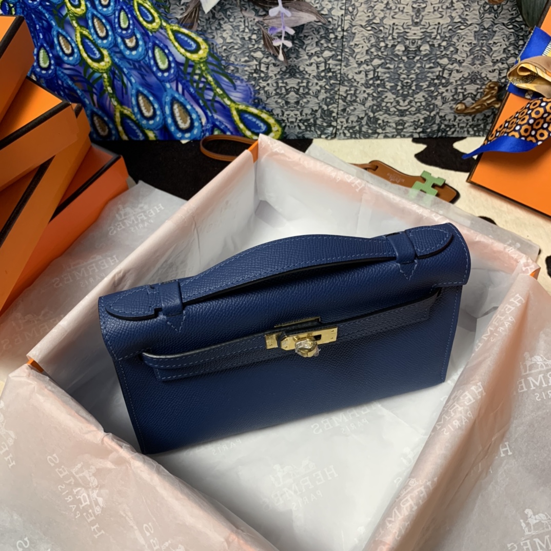 Hermes Mini Kelly Pochette 22cm Bag In Blue Nuit Epsom Leather